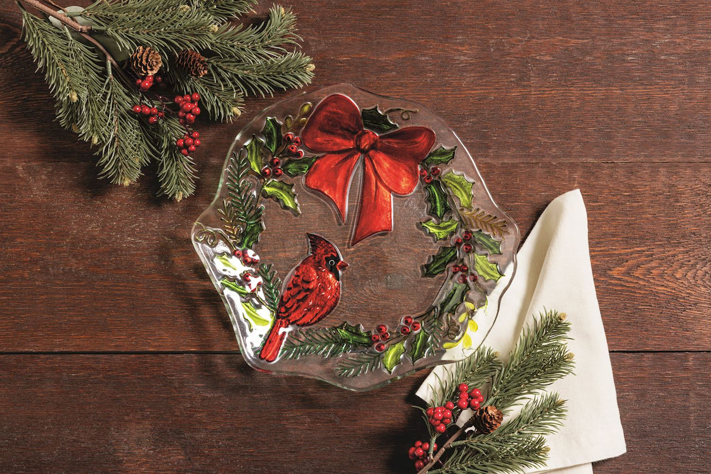 Mud Pie - Christmas - Fused Glass Plate - Wreath Cardina