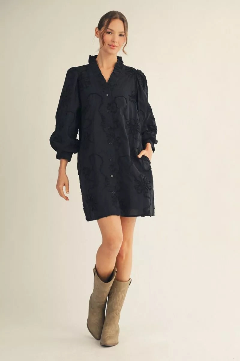 Dress - Puff Sleeve 3D Floral - Black