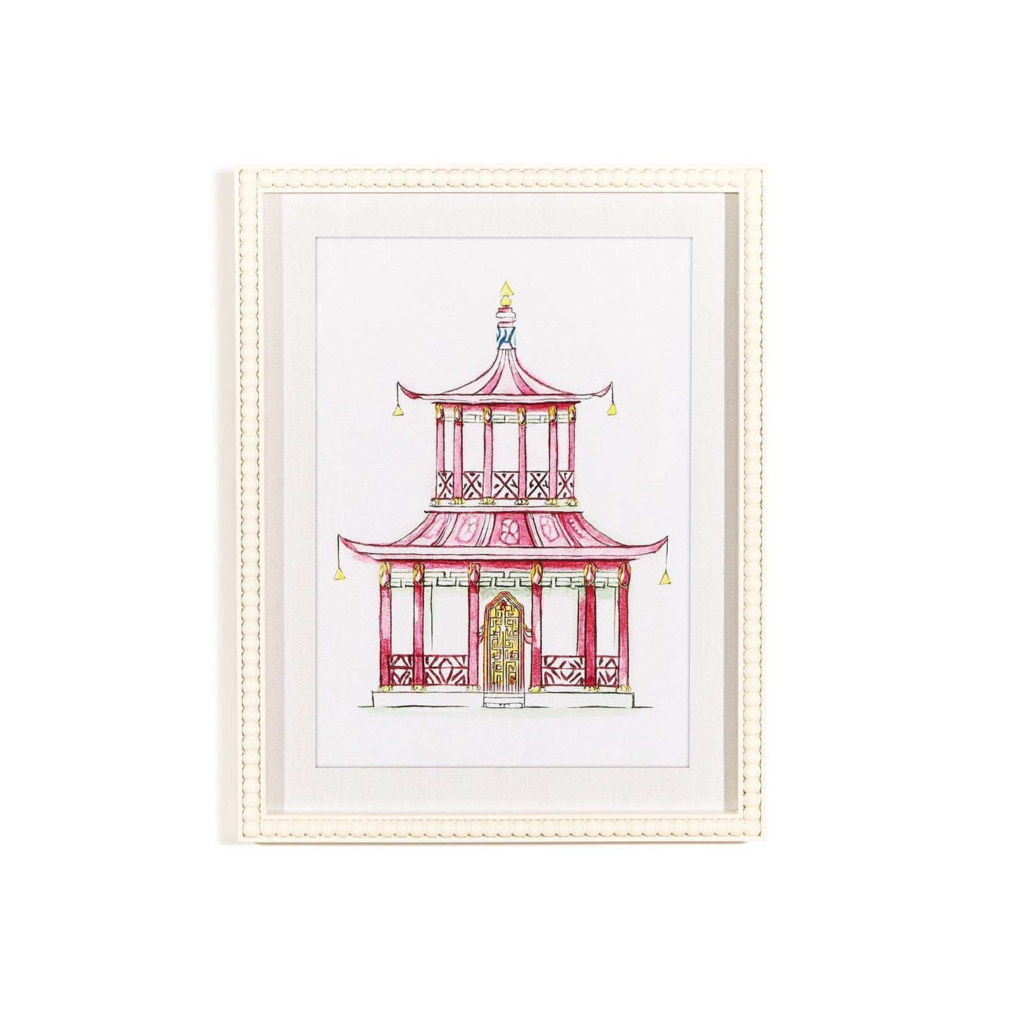 Wall Art Prints - White Beaded Framed - Pink Pagoda - Findlay Rowe Designs