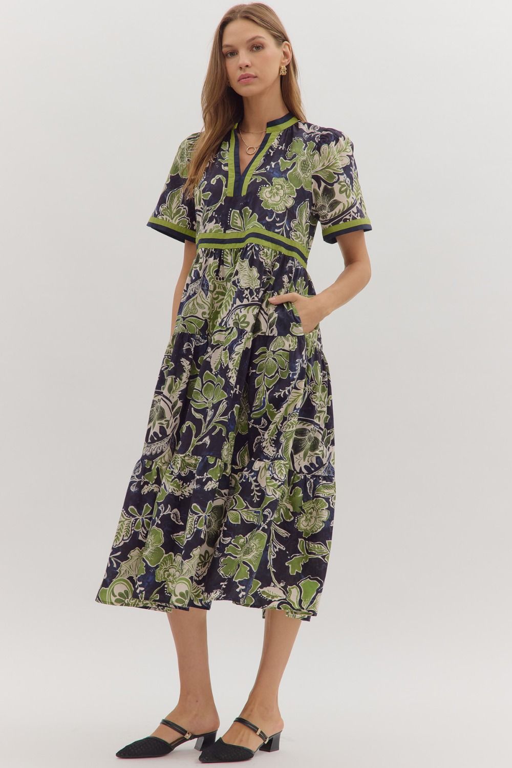Entro - Dress - Floral Contrast Trim Midi - Navy Green