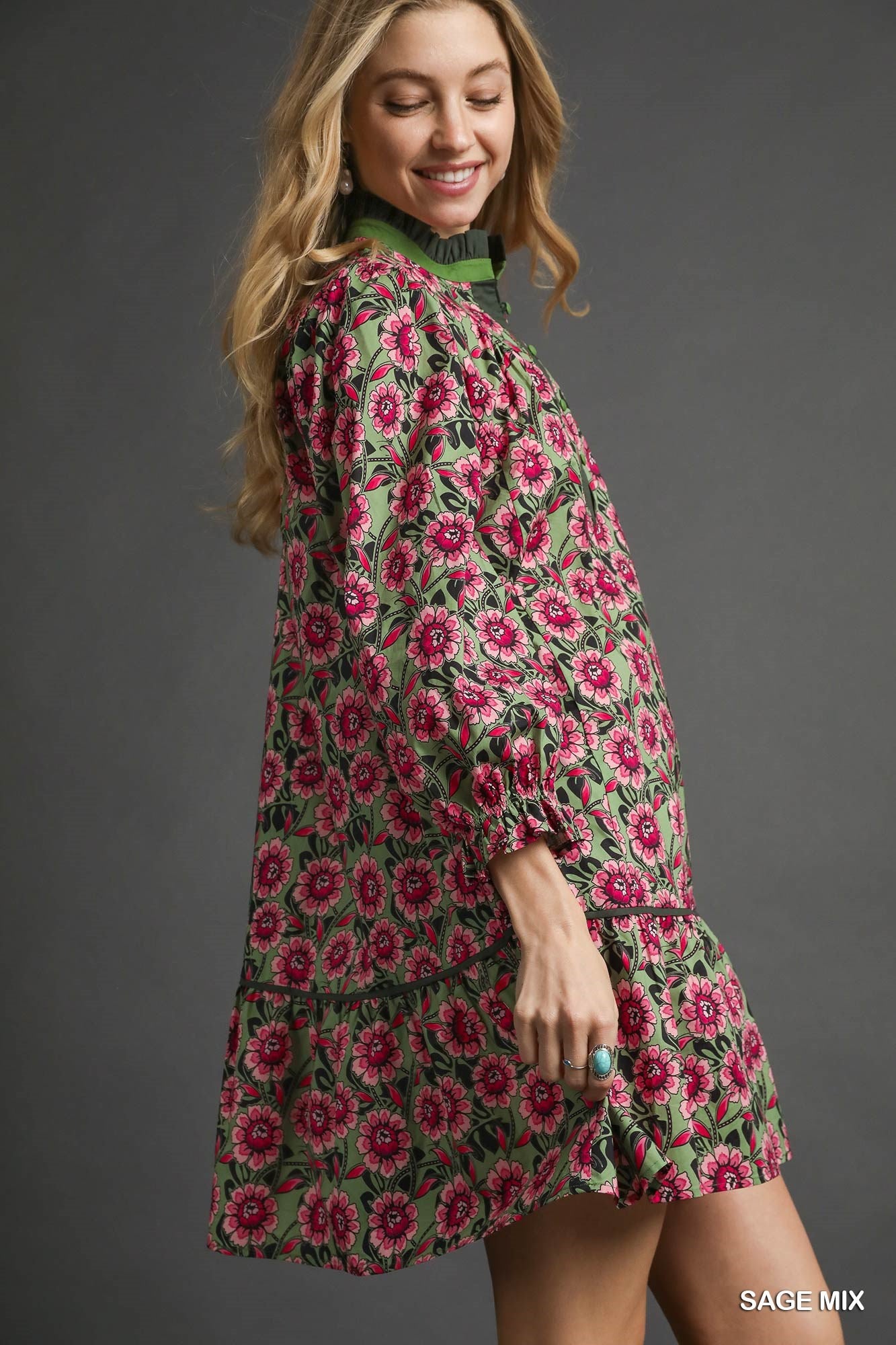 Umgee - Dress - Floral Print Tiered Mini - Sage Mix