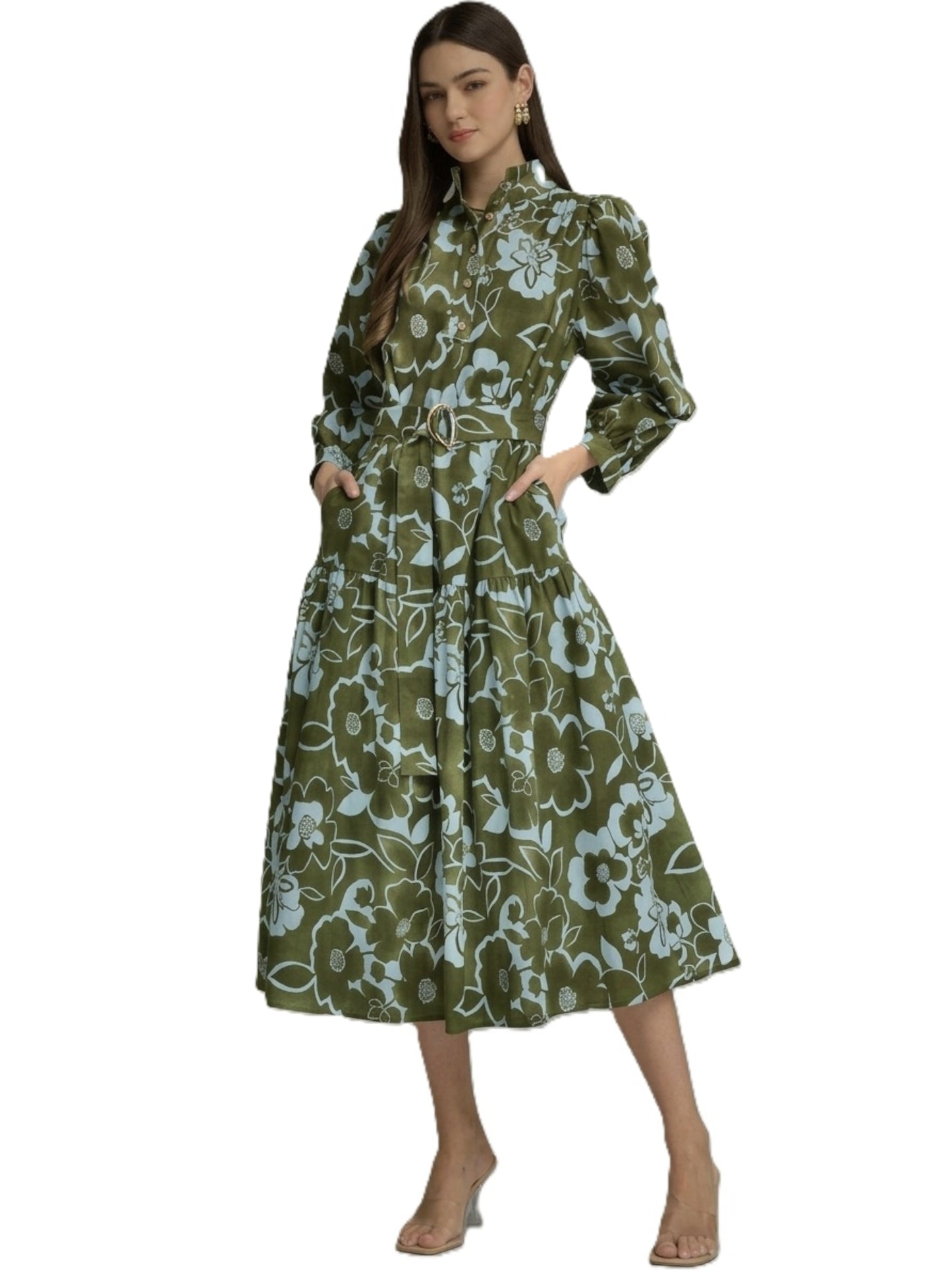 Entro - Dress - Midi Long Sleeve Tiered Skirt - Olive Floral - Findlay Rowe Designs