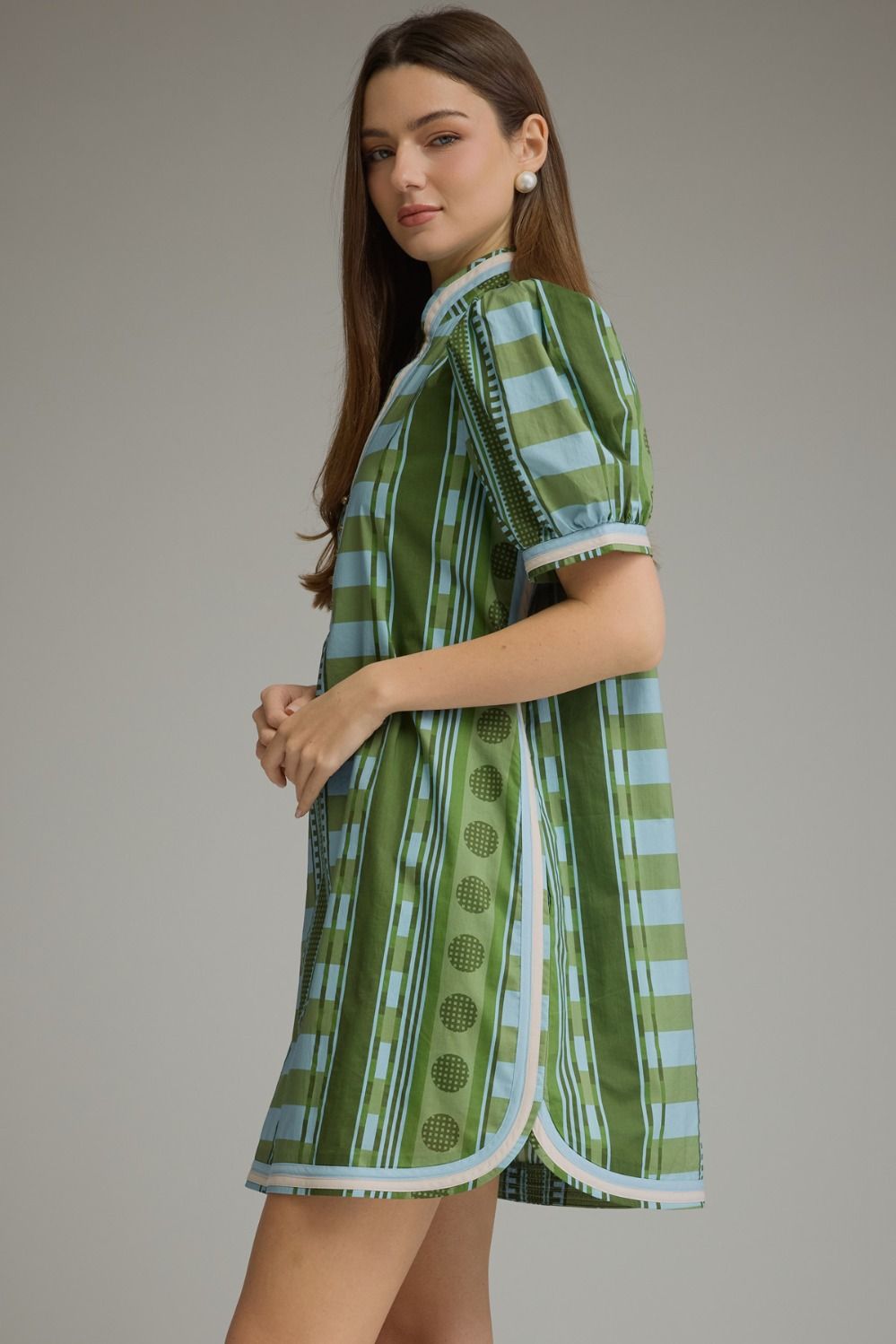 Entro - Dress - Mini V-neck Puff Sleeve - Olive Blue - Findlay Rowe Designs