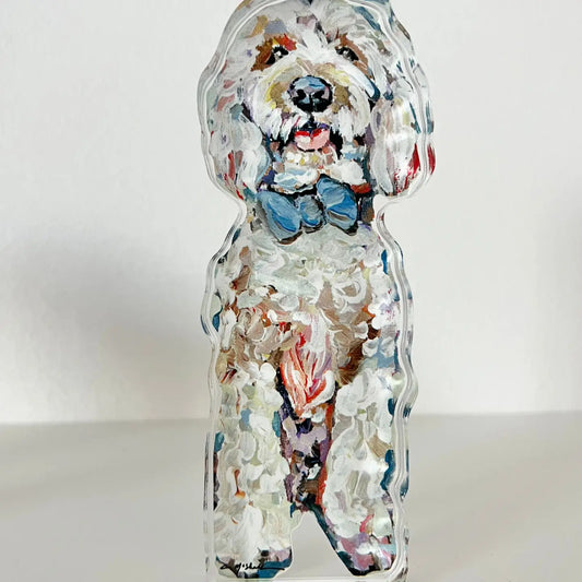 Chelsea McShane -  Acrylic Shelfie - Golden Doodle Blue Bow - Mini - Findlay Rowe Designs