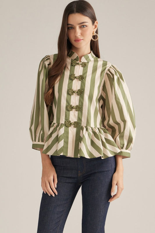 Entro - Top - Three Quarter Sleeve Frog Button - Olive Stripe - Findlay Rowe Designs