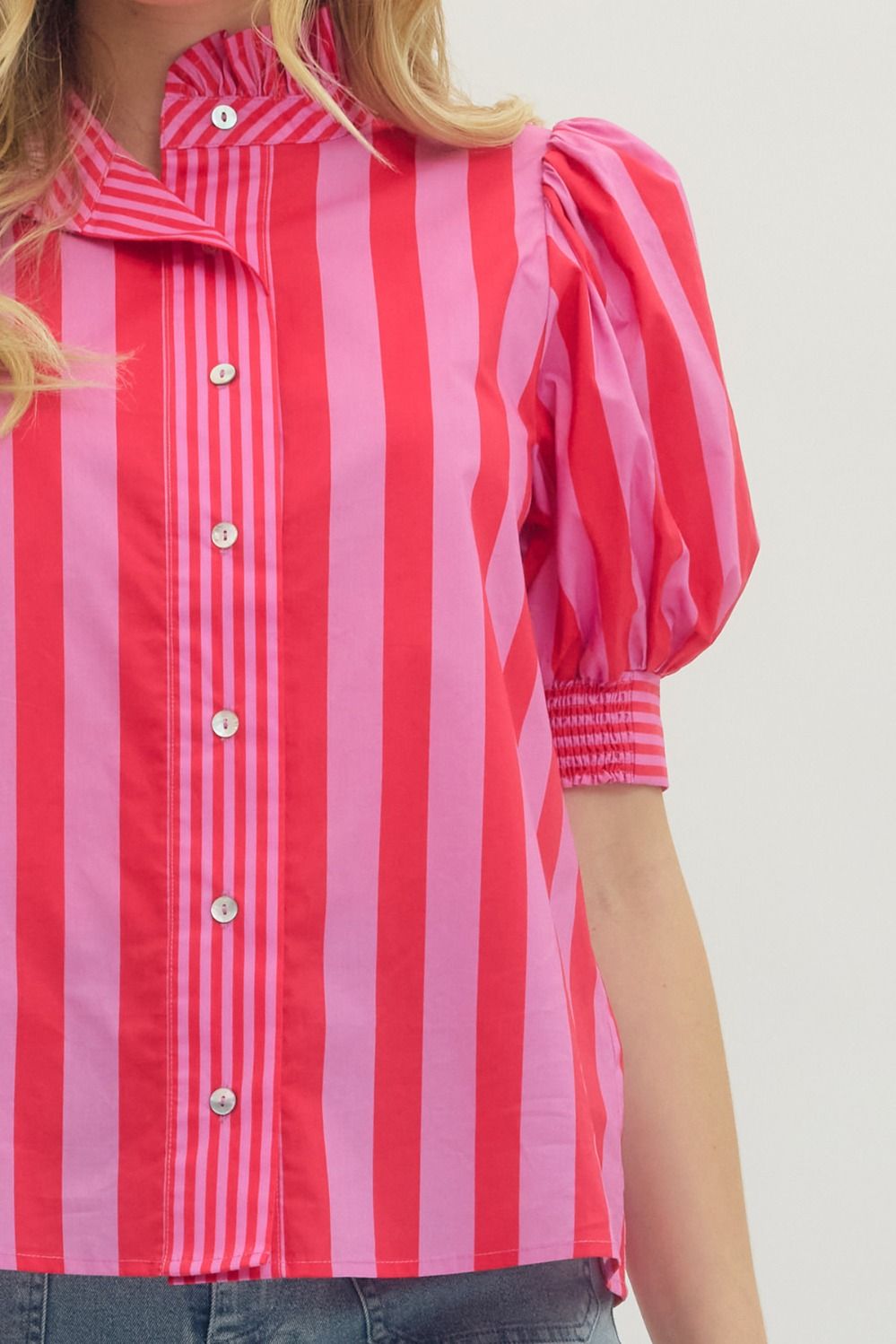 Entro - Top - Puff Sleeve - Pink Red Stripe - Findlay Rowe Designs