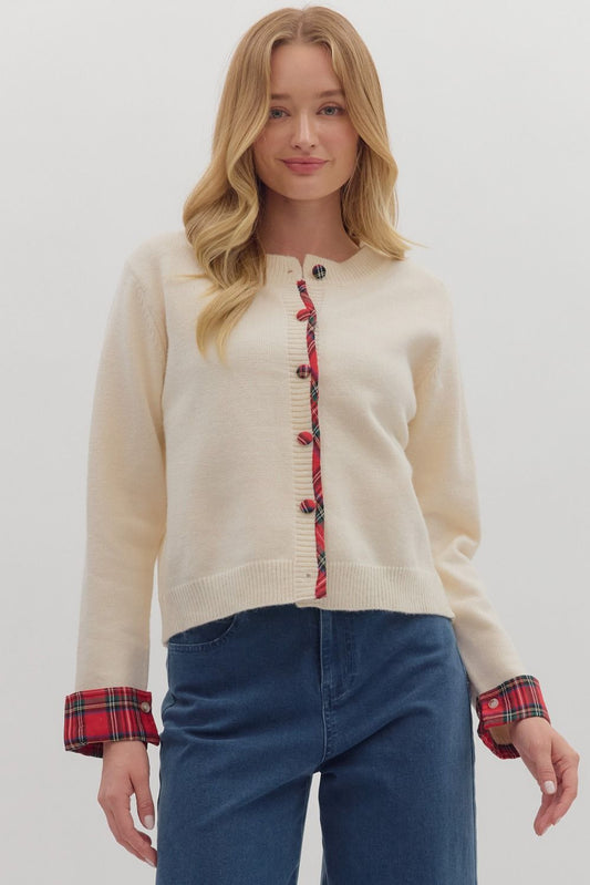 Entro - Cardigan - Plaid Trim - Ivory