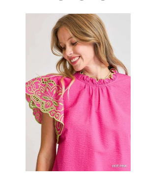 Umgee - Top - Embroidered Flutter Sleeve Blouse - Hot Pink