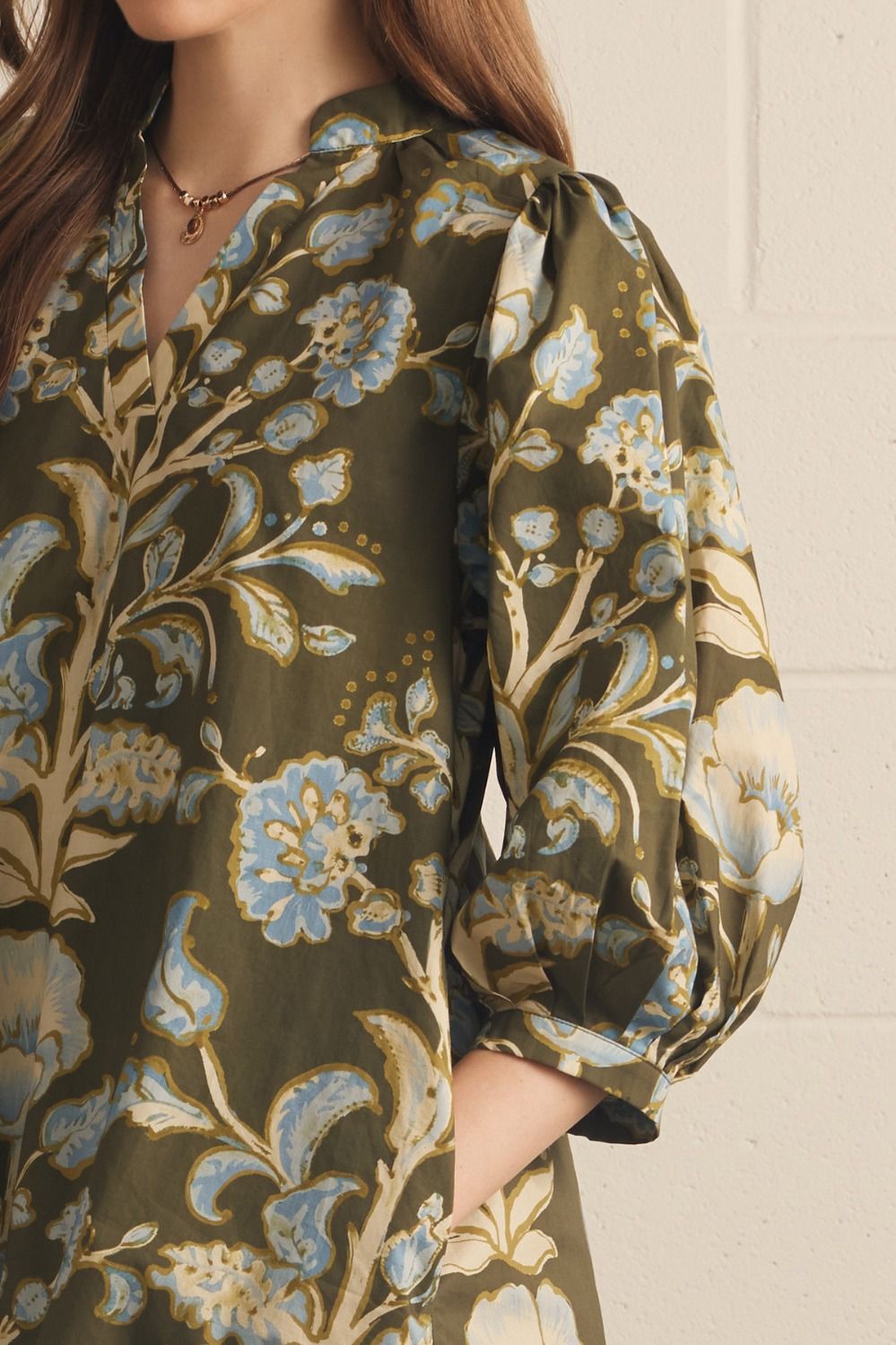 Entro - Dress - Mini - V-Neck Vintage Botanical - Olive - Findlay Rowe Designs