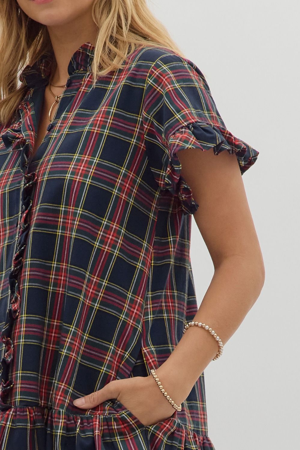 Dress - Plaid Ruffle Mini - Navy
