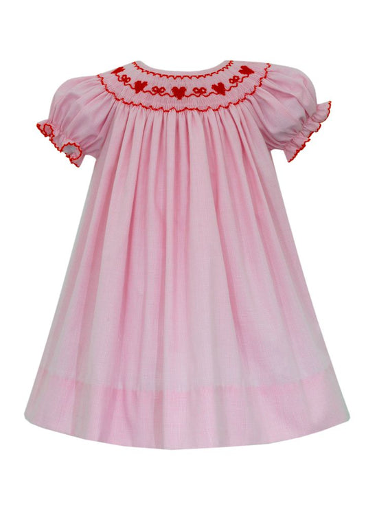 Pink Gingham Bishop Dress with smocked Red Hearts