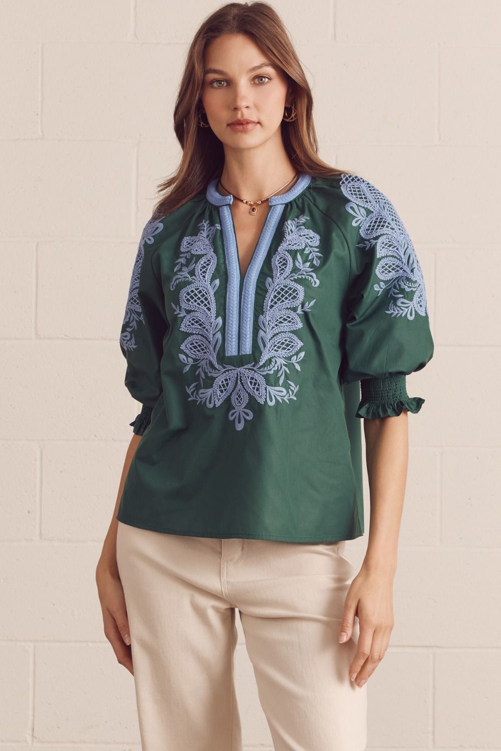 Entro - Top - V-Neck Contrast Embroidered - Green Blue - Findlay Rowe Designs