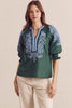 Entro - Top - V-Neck Contrast Embroidered - Green Blue - Findlay Rowe Designs