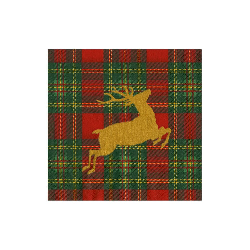 Caspari - Cocktail Napkins - Reindeer Tartan Red