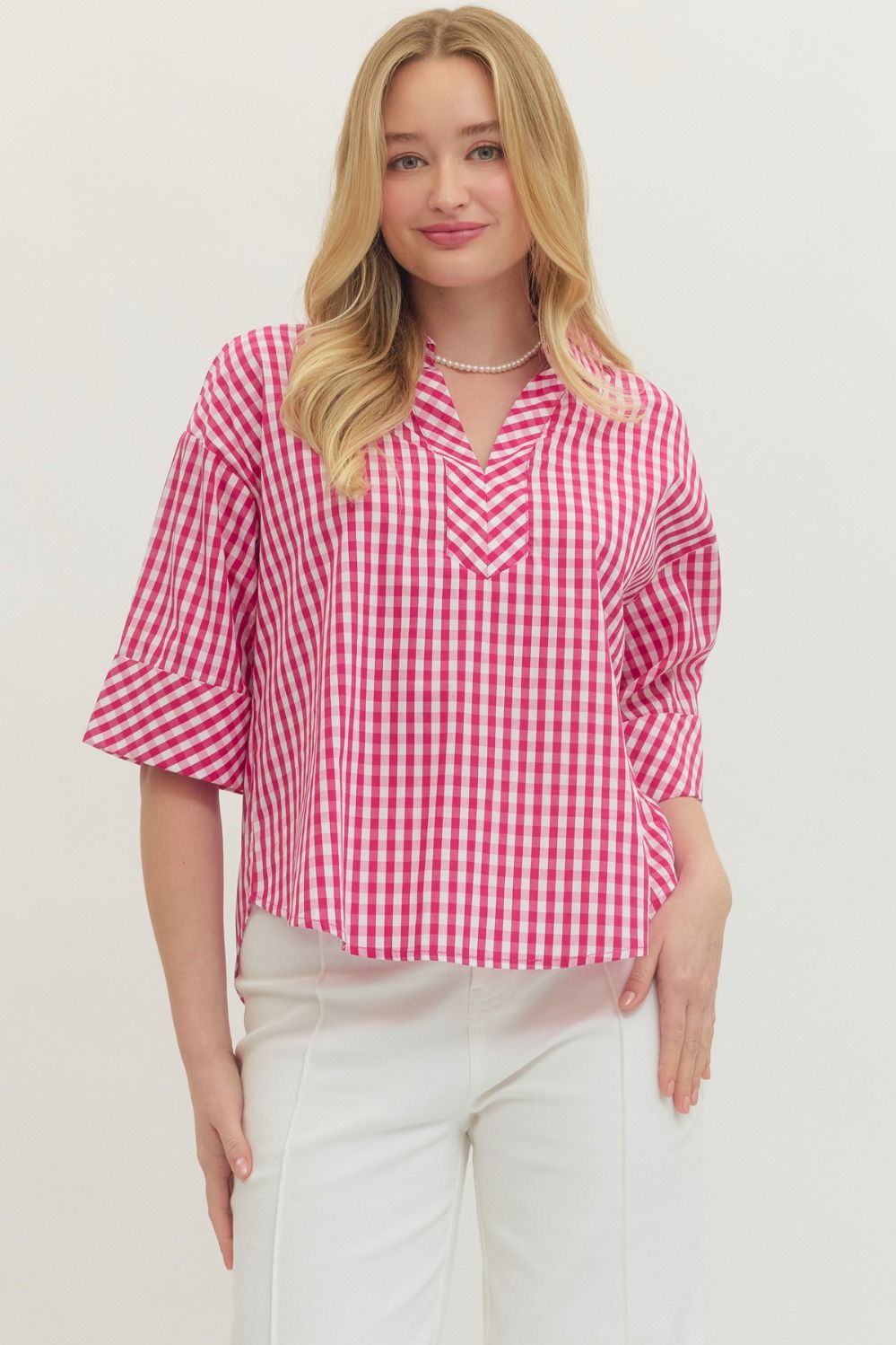 Entro - Top - Gingham 3/4 Sleeve - Hot Pink - Findlay Rowe Designs