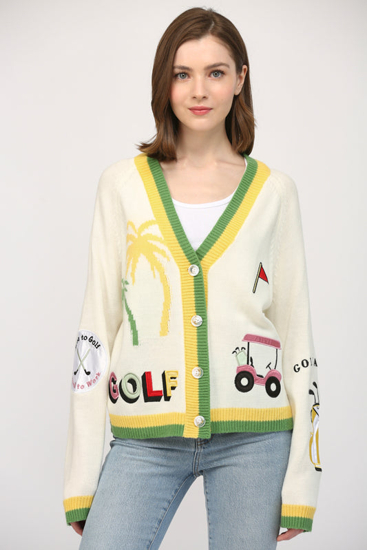 Cardigan - Golf Embroidered Patch - Cream - Findlay Rowe Designs