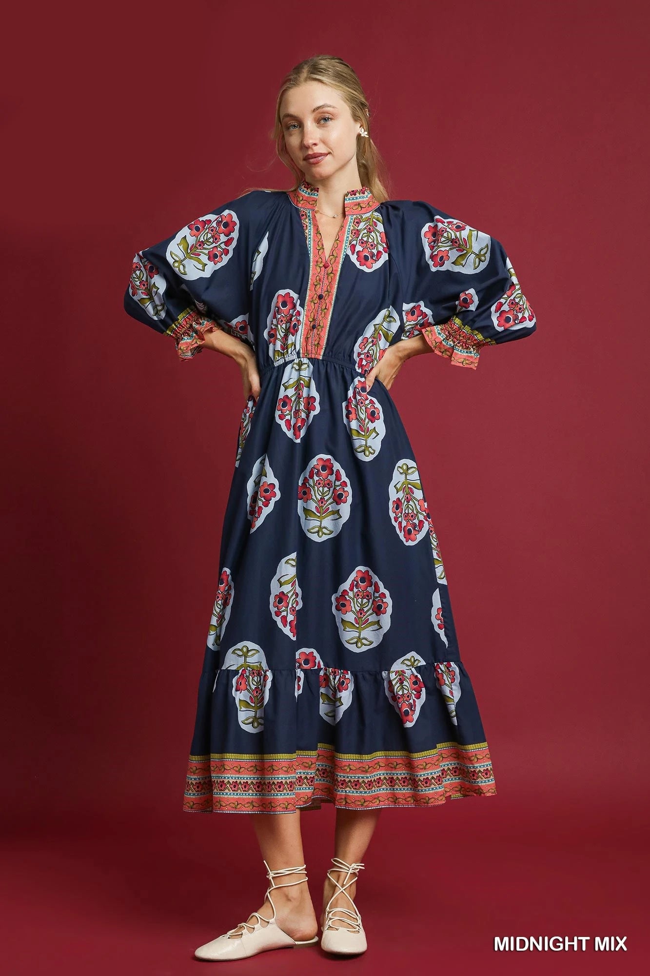 Dress - Flower Patch Border Print V-Neck Midi - Midnight Mix