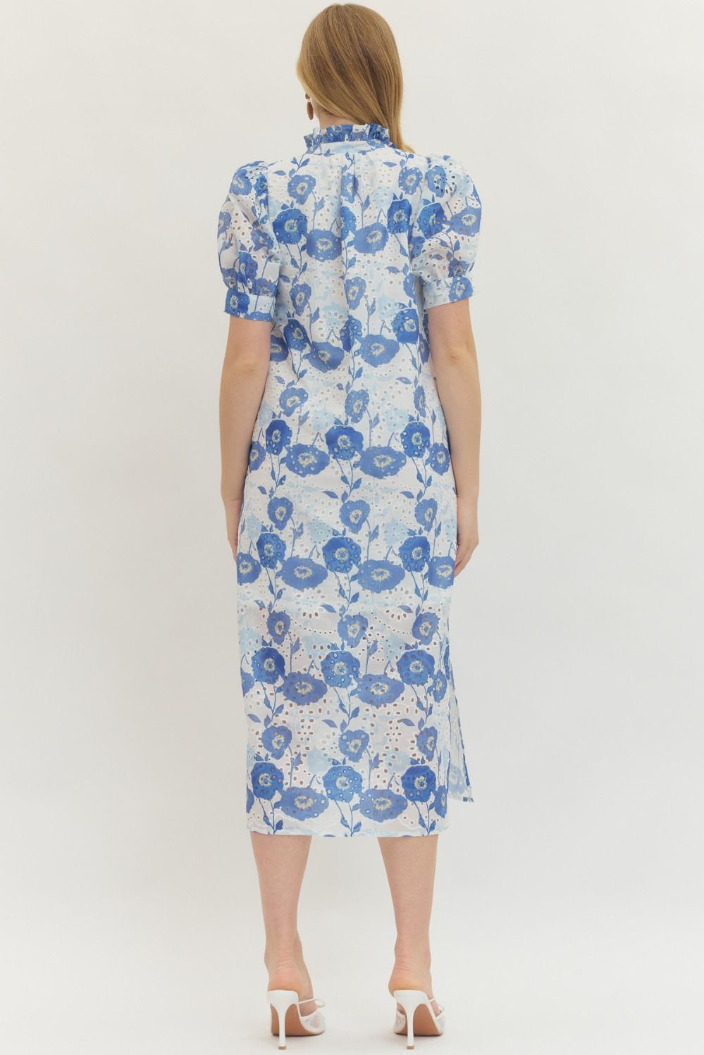 Entro - Dress - Midi Puff Sleeve - Blue White - Findlay Rowe Designs