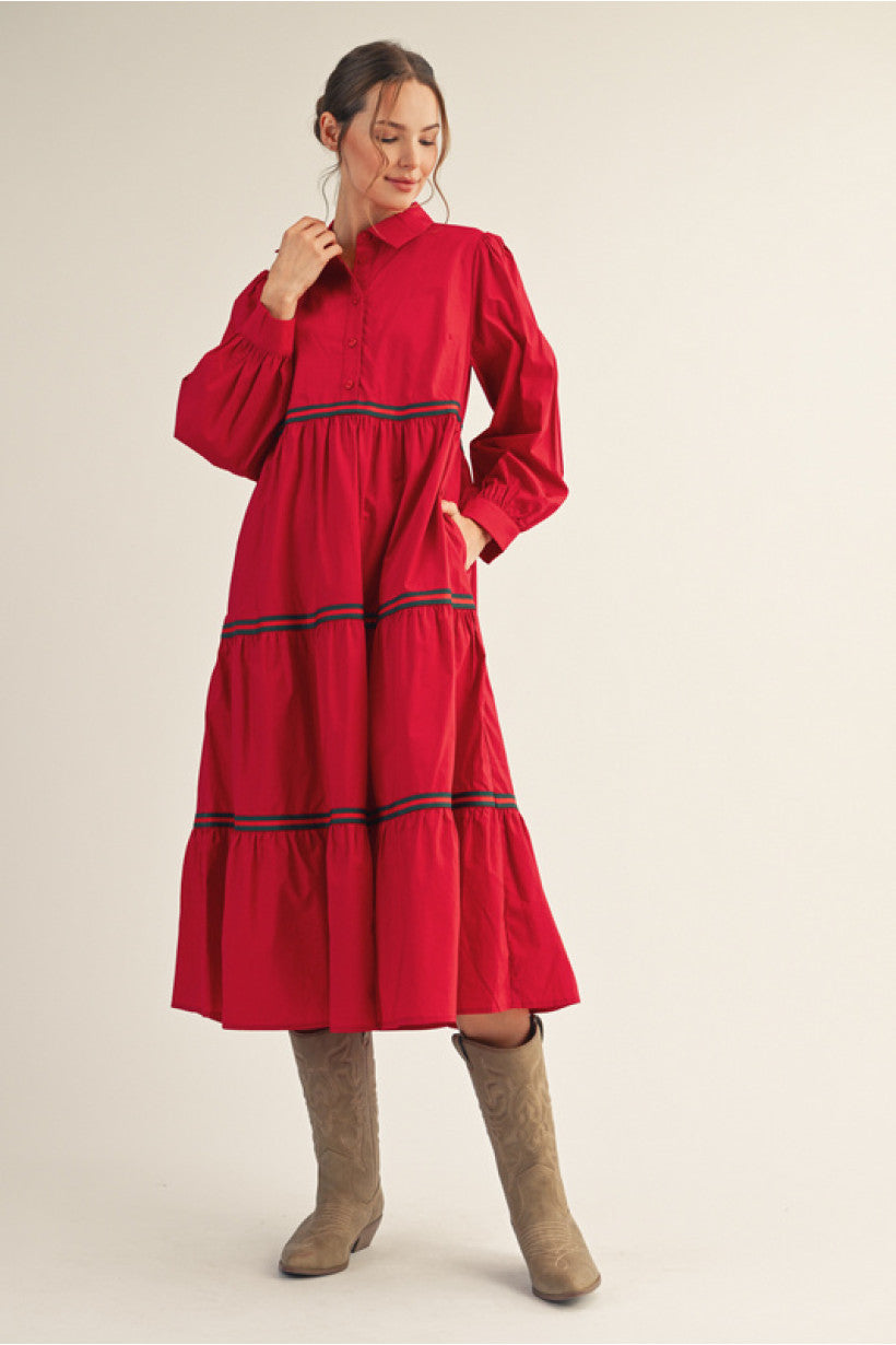 Jodifl - Dress - Long Sleeve Tiered Midi - Red