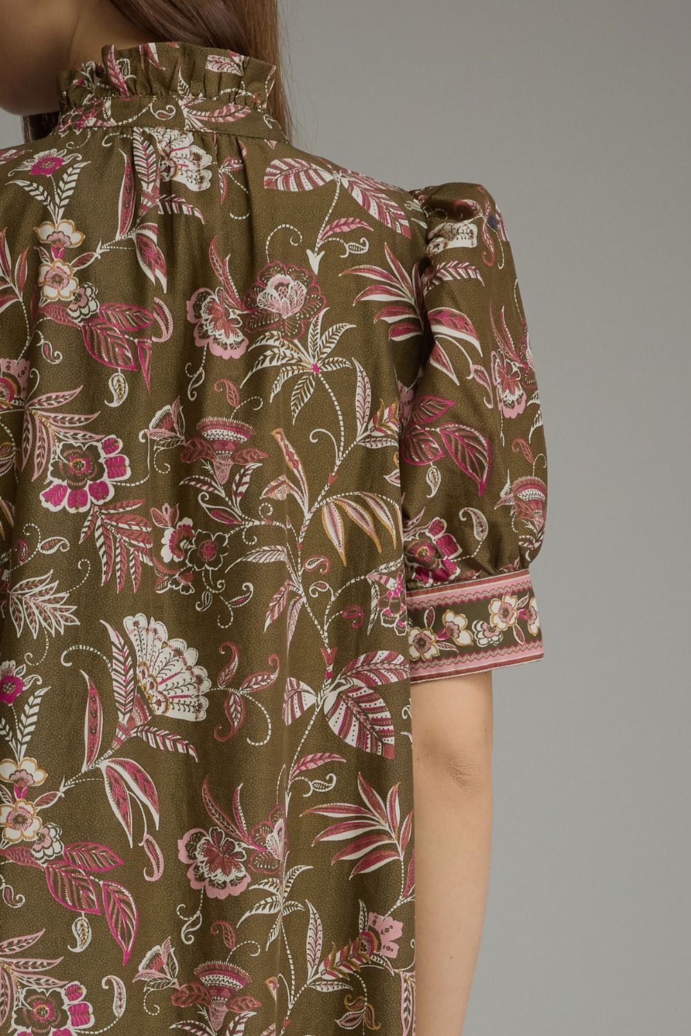Entro - Dress - Midi Puff Sleeve High Neck - Olive - Findlay Rowe Designs