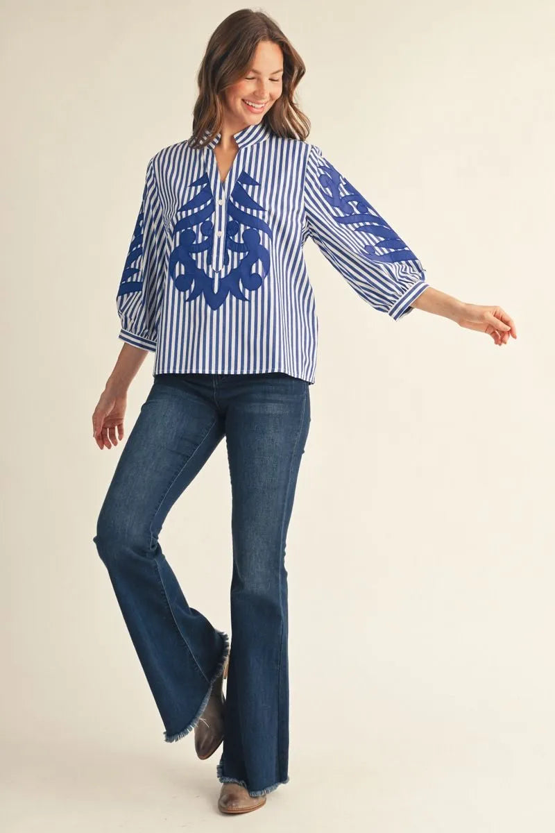 Jodifil - Top - 3/4 Sleeve Baroque - Blue Stripe - Findlay Rowe Designs