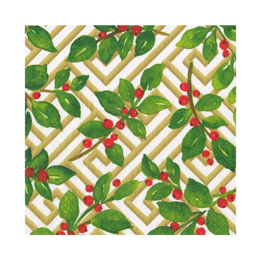 Caspari - Luncheon Napkins - Holly And Fretwork White