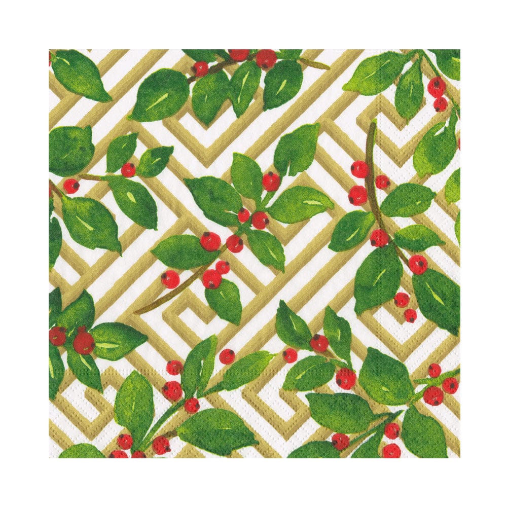 Caspari - Luncheon Napkins - Holly And Fretwork White