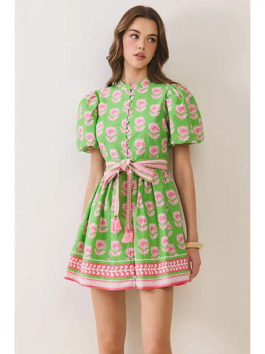 Dress - Mini Floral Puff Sleeve - Green - Findlay Rowe Designs