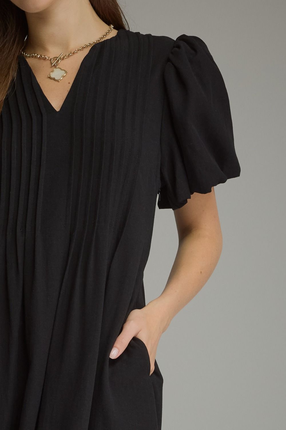 Entro - Dress - Midi V-Neck Pleated Bodice - Black - Findlay Rowe Designs