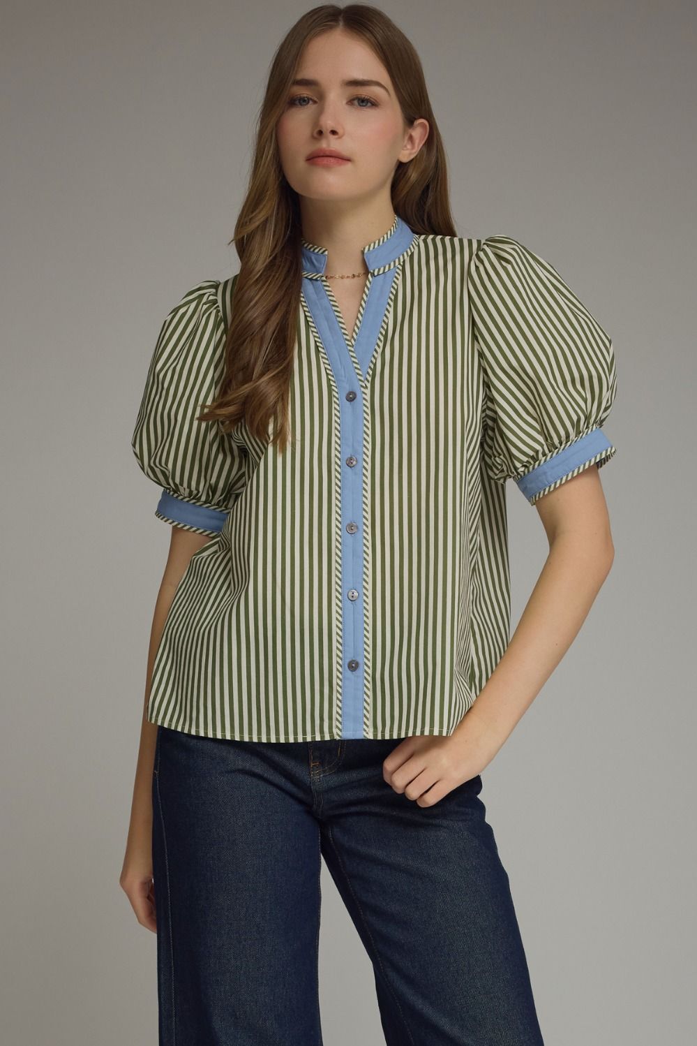 Entro - Top - V-Neck Puff Contrast Binding - Olive - Findlay Rowe Designs