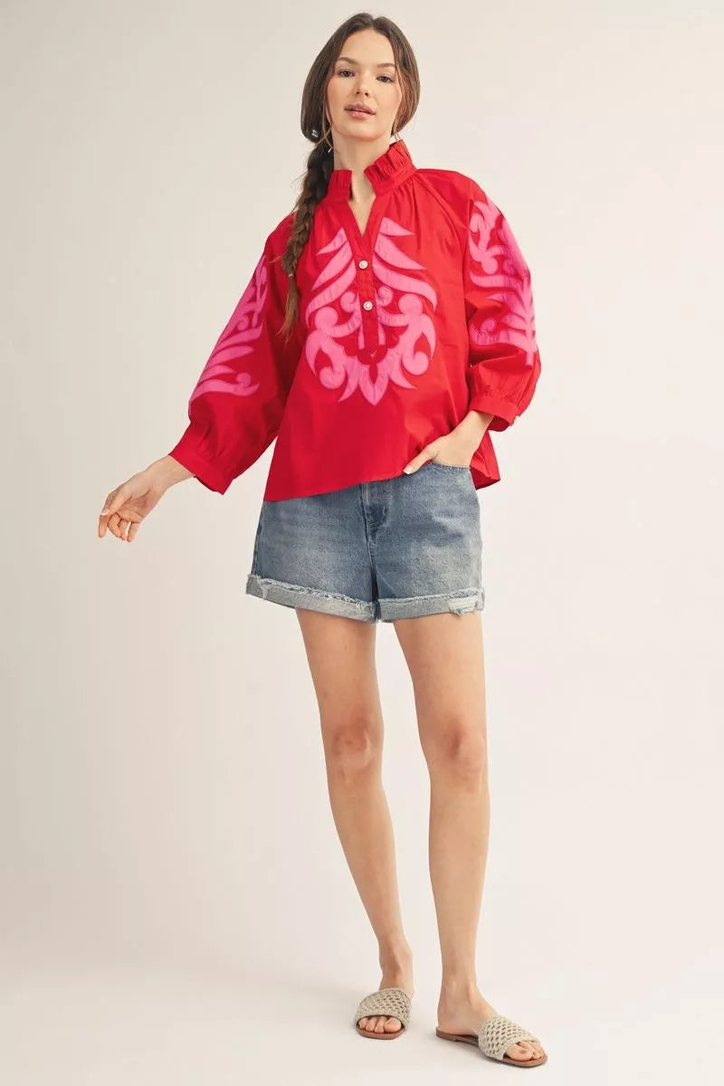 Jodifil - Top - 3/4 Sleeves Ruffled Neck - Red - Findlay Rowe Designs
