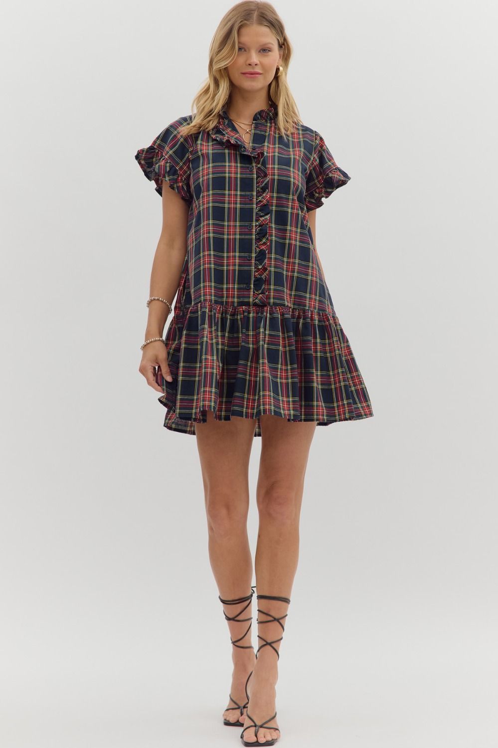 Dress - Plaid Ruffle Mini - Navy
