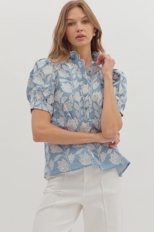 Entro - Top - Botanical Embroidery Puff Sleeve - Chambray - Findlay Rowe Designs