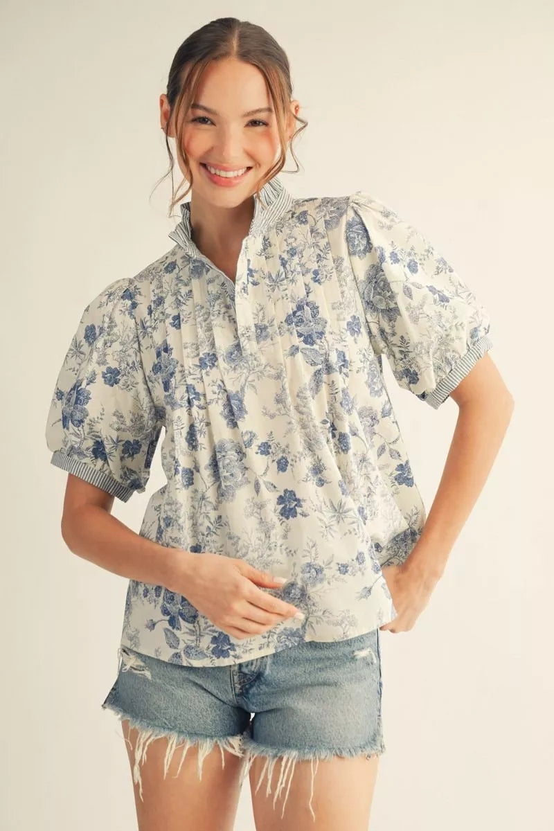 Jodifil - Top - Puff Sleeve Henley - Blue Print - Findlay Rowe Designs