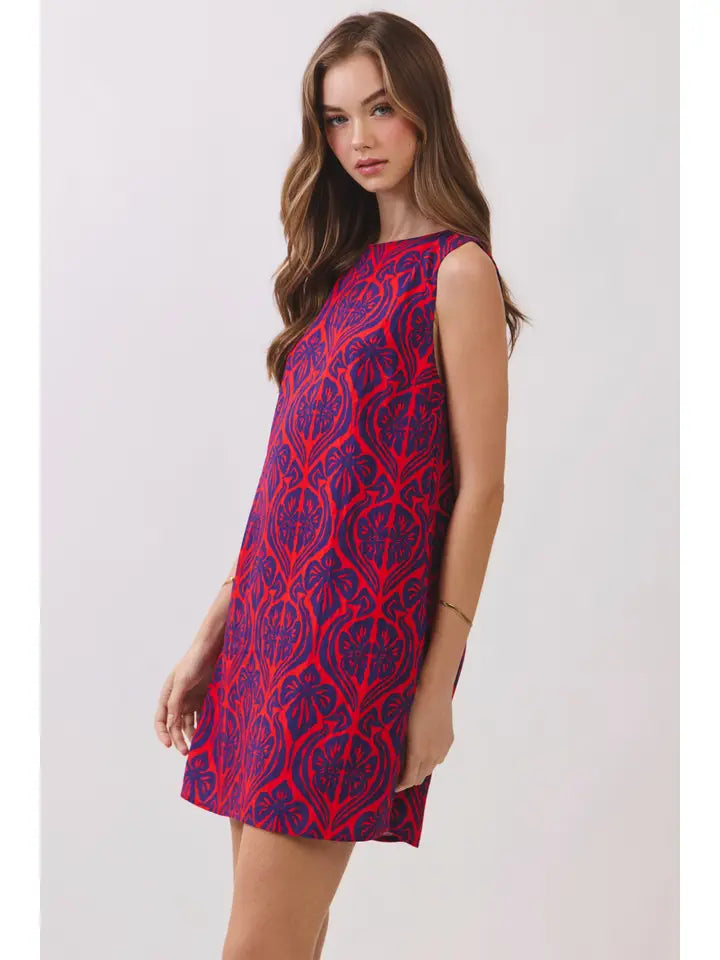Dress - Mini - Sleeveless Damask - Red Blue - Findlay Rowe Designs
