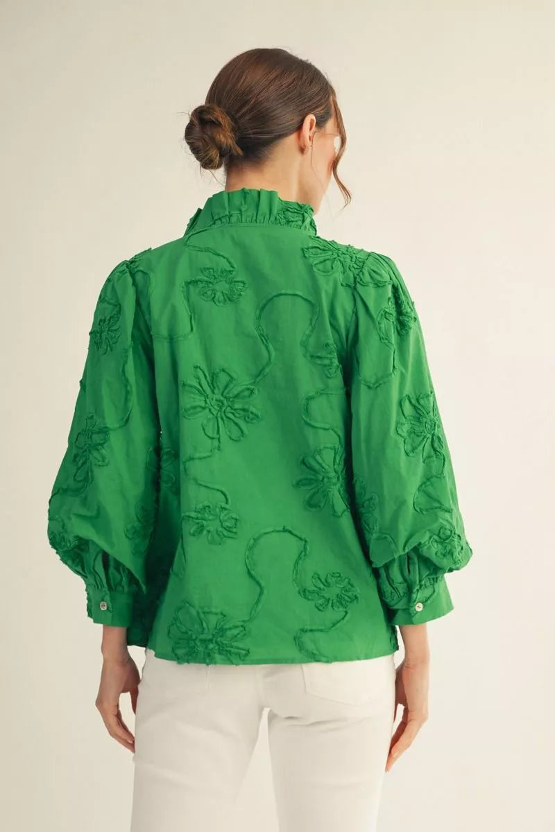 Jodifil - Top - Embroidered Ruffled Neckline - Kelly Green - Findlay Rowe Designs
