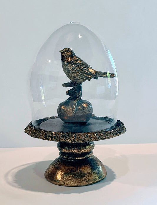 Glass Cloche - Gold Bird on Pedestal - 6.5 Inch - Findlay Rowe Designs