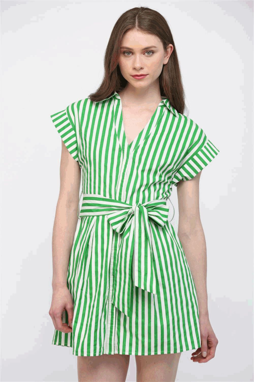 Dress - Mini - V-Neck Self Tie - Green White Stripe - Findlay Rowe Designs