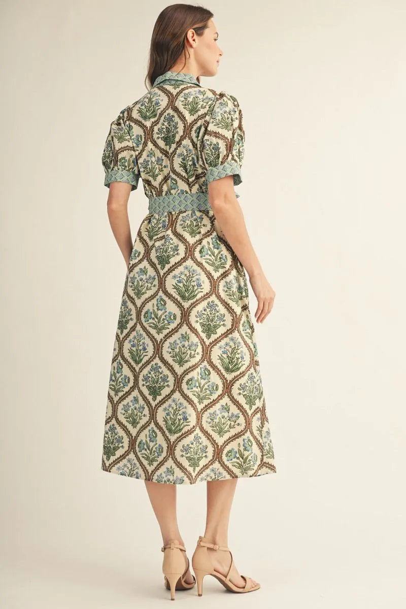 Jodifil - Dress - Midi Short Sleeve Tie Waist - Floral Natural Mix - Findlay Rowe Designs