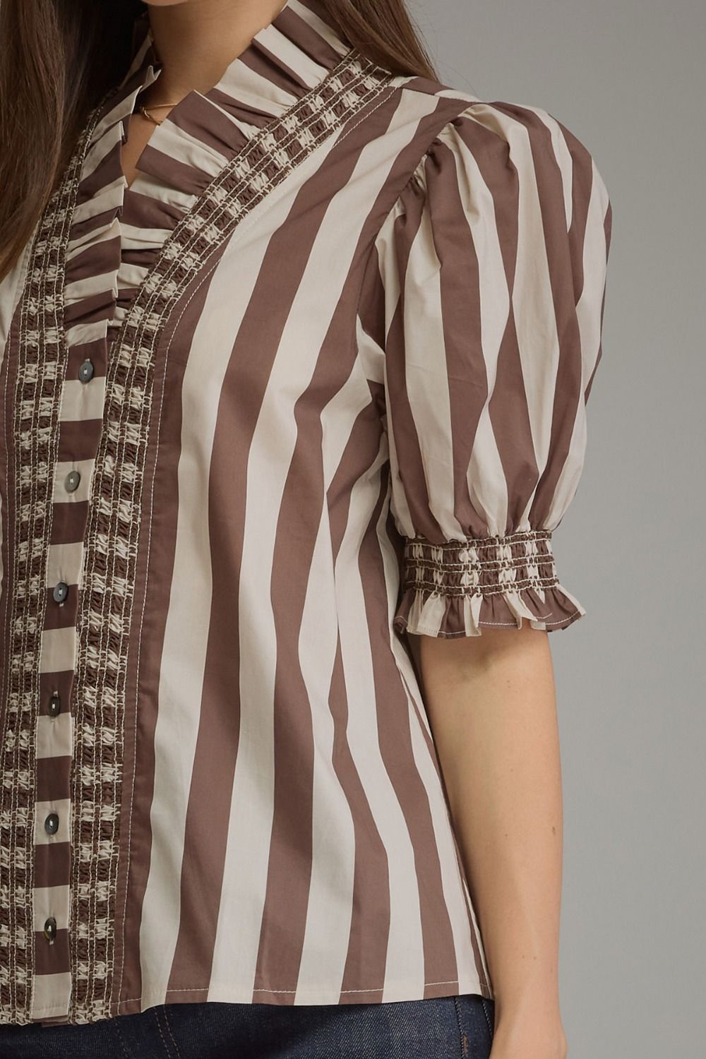 Entro - Top - Puff Sleeve Ruffle Neck - Brown Ecru Stripe - Findlay Rowe Designs