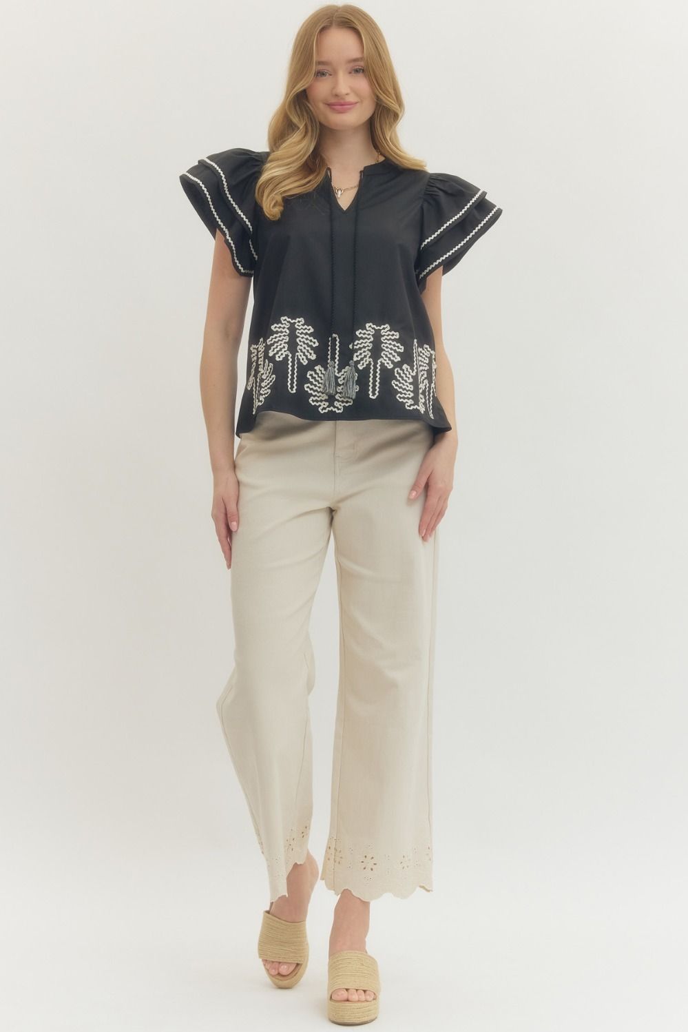 Entro - Top - Flutter Sleeve - Black Embroidered - Findlay Rowe Designs