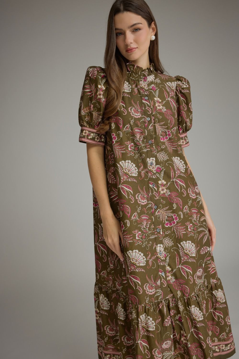 Entro - Dress - Midi Puff Sleeve High Neck - Olive - Findlay Rowe Designs