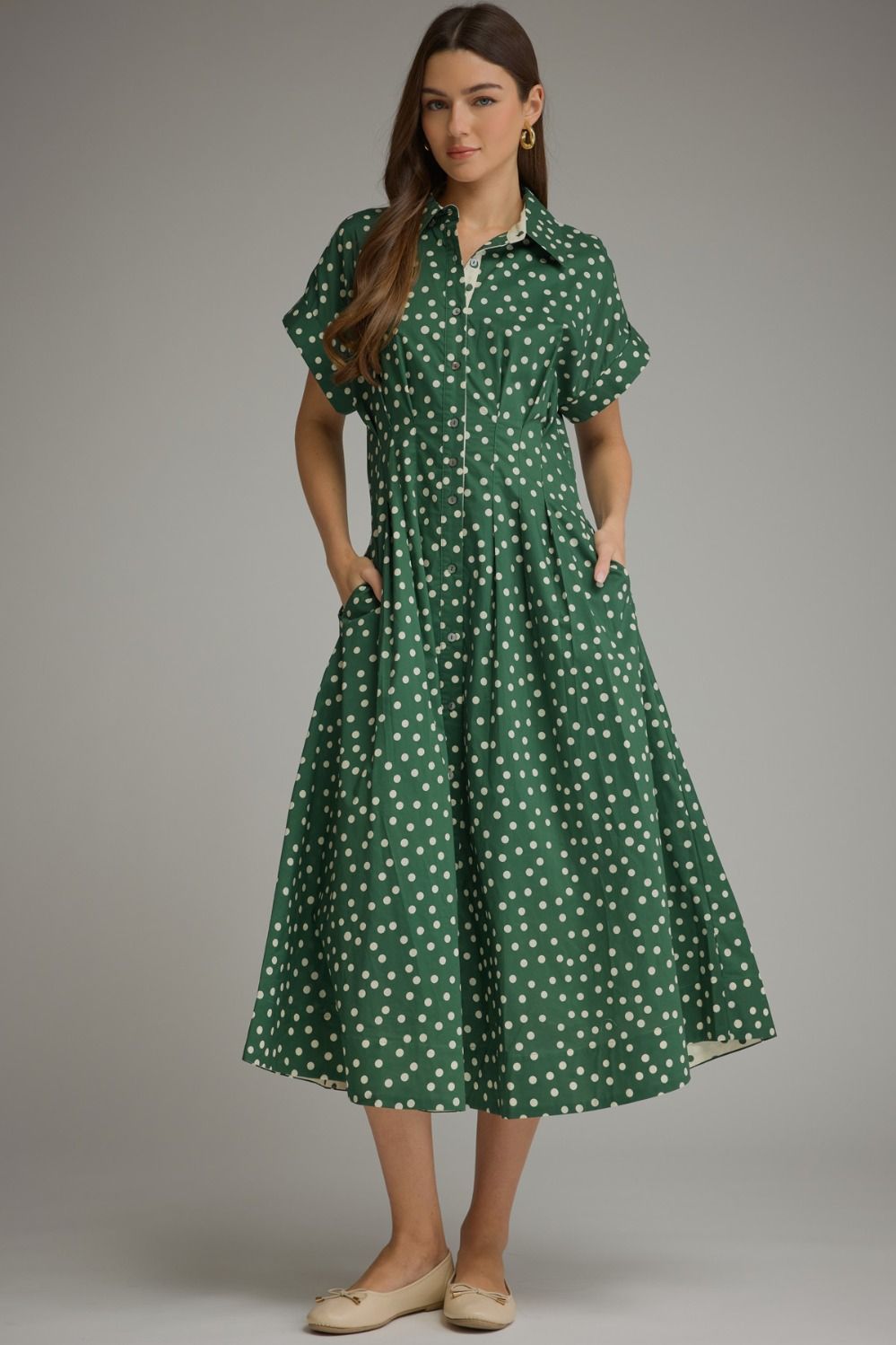 Entro - Dress - Midi Shirt Collar - Polka Dot Forest Green - Findlay Rowe Designs