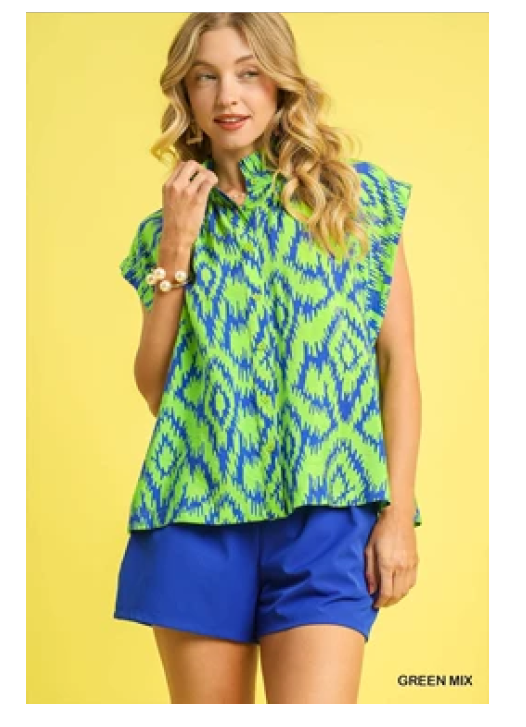 Umgee - Top - Bold Ikat Ruffle Sleeve Button-Up - Green