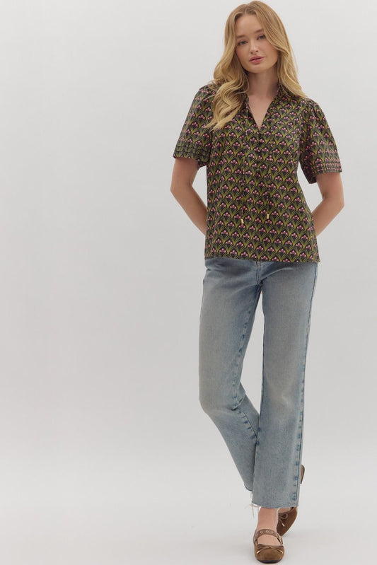 Top - Short Sleeve Geometric Print - Black - Findlay Rowe Designs