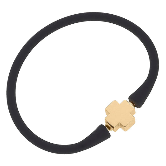 Bali 24K Gold Plated Cross Bead Silicone Bracelet in Black