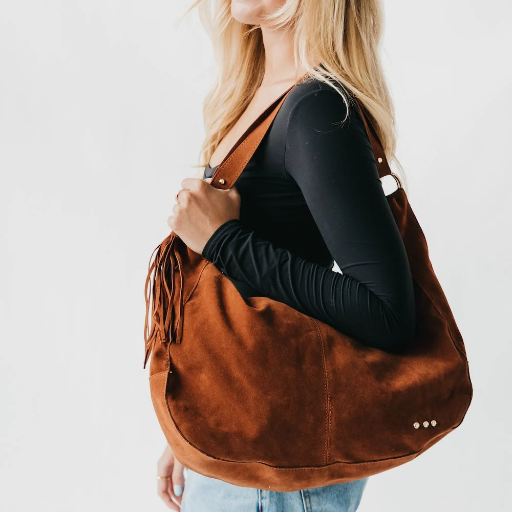 Pretty Simple Bags - Hazel Hobo Shoulder Bag with Tassel - Chocolate Suede - Findlay Rowe Designs