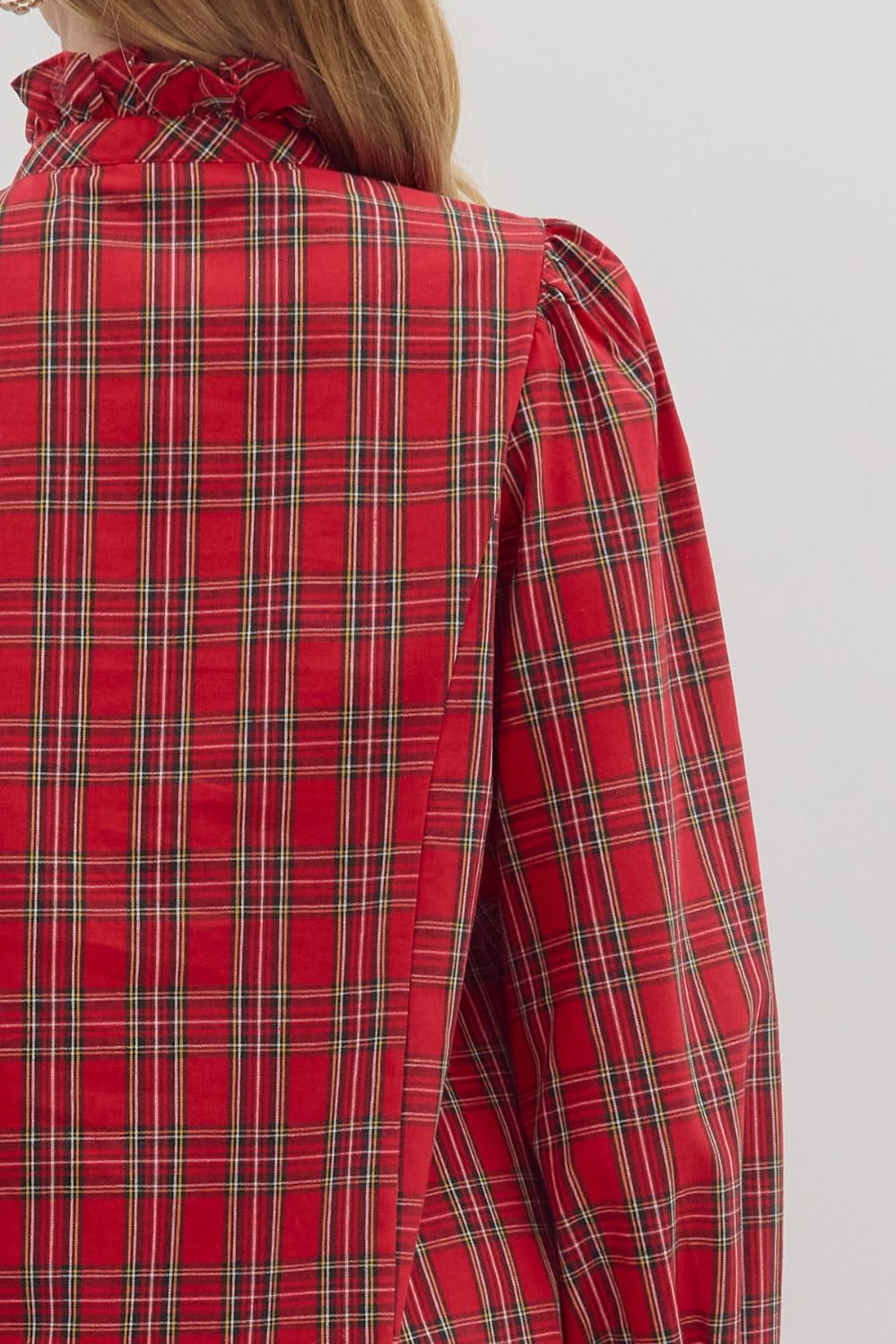 Top - Long Sleeve Plaid Ruffle - Red