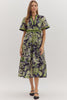 Entro - Dress - Floral Contrast Trim Midi - Navy Green