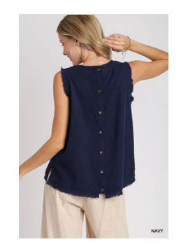 Umgee - Top - Back Button Down Sleeveless Frayed Hem - Orchid Blue